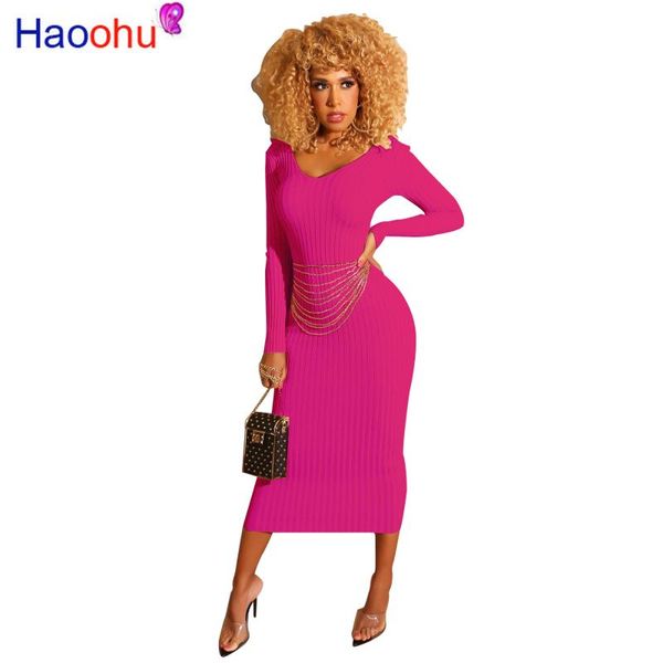 

casual dresses haoohu bodycon midi dress deep-v womens clothing long sleeve fall 2021 streetwear elegant female pink, Black;gray