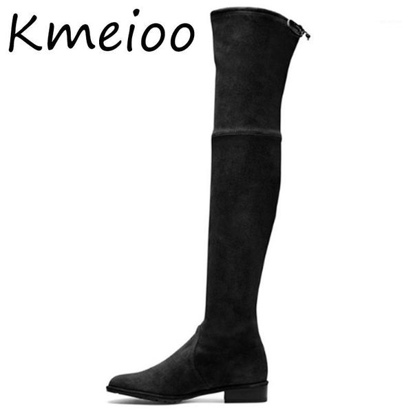 

boots kmeioo shoes woman winter pointed toe thigh high over the knee women stretch suede flat heel tall us size 5-15, Black