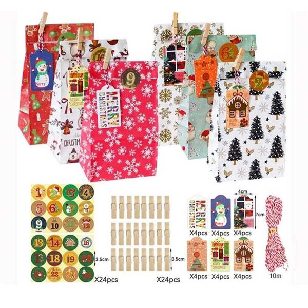 Joybos Noel Advent 24-pied Hediye Çantası Şeker Kraft Kağıt Paketi Merry Sticker Klip Çikolata ile 211104