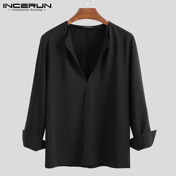 

men's casual shirts 2021 autumn long sleeve solid color men v neck loose camisa masculina brand incerun streetwear s-5xl1, White;black