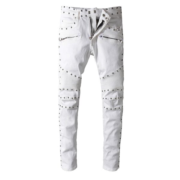 

2021 new men's male trousers european american street trend autumn winter punk style rivet jeans white slim-fit motorcycle pants 1062 3, Blue