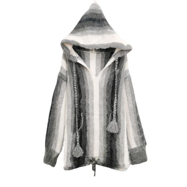 

2021 autumn new hooded v-neck drawstring women's grey black stripe mohair loose sweater, White;black