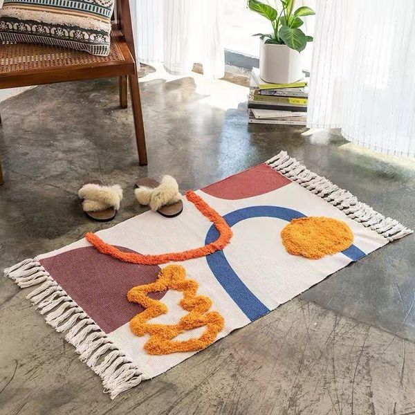 

carpets cotton linen retro rug tapestry home decor geometric floor mats for bedroom living room hand woven bohemian tufted tassel carpet