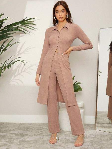 

solid rib-knit button placket longline tee & pants set x6uo#, White