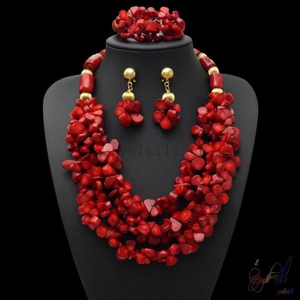 

earrings & necklace yulaili vintage fashion red coral bracelet for women jewelry sets handmade chain bridal jewelery set, Silver