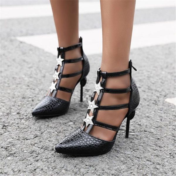 

dress shoes pxelena rome cut out gladiator sandals women strange high heels star crystal t tied summer lady party nightclub zip, Black