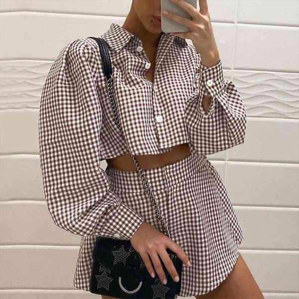 

pink y2k casual plaid lounge wear women tracksuit shorts set long puff sleeve shirt mini shorts two piece set, Gray