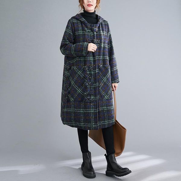 

women's wool & blends vanovich korean style buckle mid-length plus size plaid woolen coat 2021 autumn and winter vintage, Black