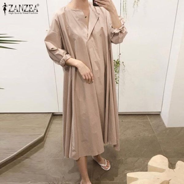 

casual dresses fashion puff sleeve maxi dress women's autumn sundress zanzea 2021 v neck baggy vestidos female solid robe plus size 5xl, Black;gray