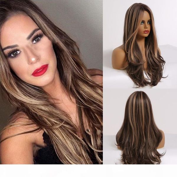 

sinuo cosplay synthetic wigs for women long dark brown gloden honey wavy qerruque with highlights heat resistant middle part, Black