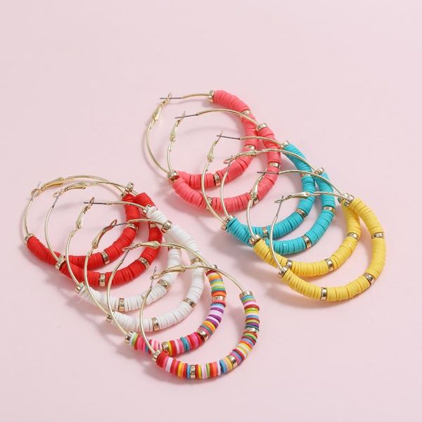 

hoop & huggie bohemian flat round polymer clay loose spacer beads women circled earrings geometric color handmade soft, Golden;silver