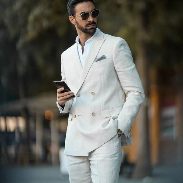 

men's suits & blazers handsome casual linen men for wedding smoking business peaked lapel groom wear beach custom made 2 pieces 2021, White;black