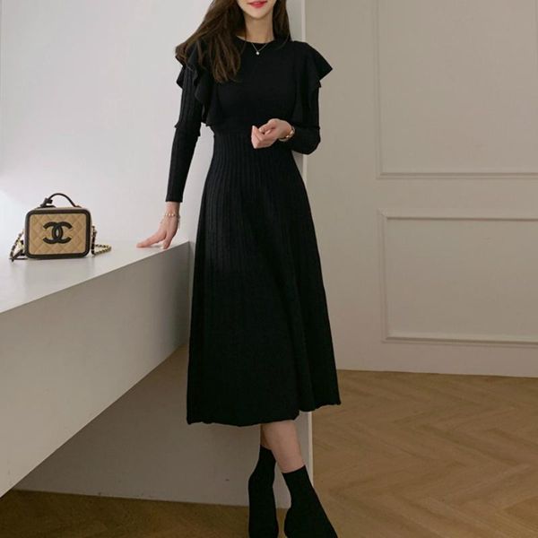 

casual dresses bornsra 2021 autumn sweater knitted dress office lady full cascading ruffle mid-calf regular o-neck woman party night, Black;gray