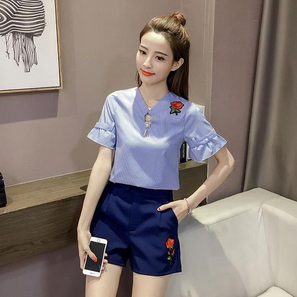 

women's tracksuits a woman blue blouse set summer wear ring v-neck embroidered striped suit wide-legged pants two-piece outfit s-xl, Gray
