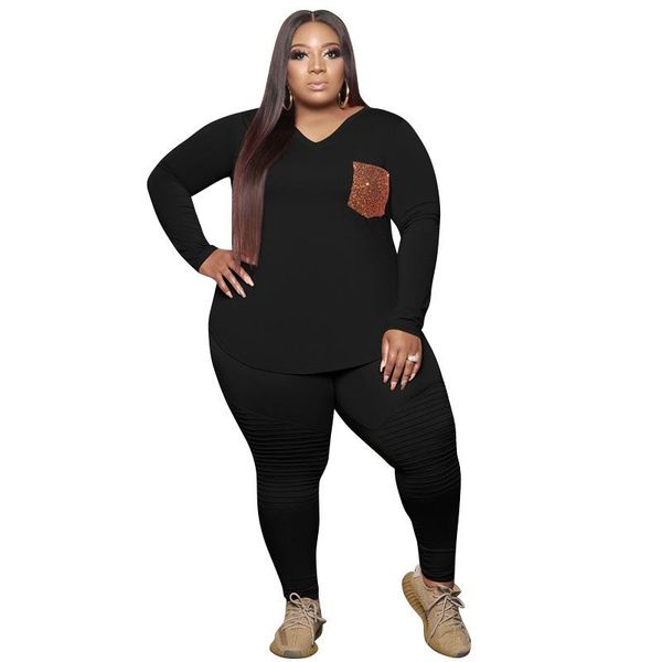 

plus size tracksuits women clothing two piece set 4xl 5xl 2 and pants casual zestawy conjuntos, Black