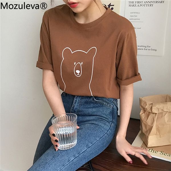 

mozuleva chic cartoon bear cotton women t-shirt summer short sleeve female t shirt spring white o-neck tees 100% cotton 210316