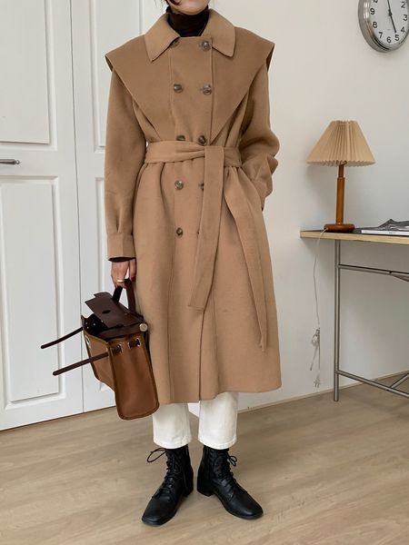 

elegant solid face female wool double breasted loose pocket vintage outwear jacket warm blend 2021 w0e5, Black