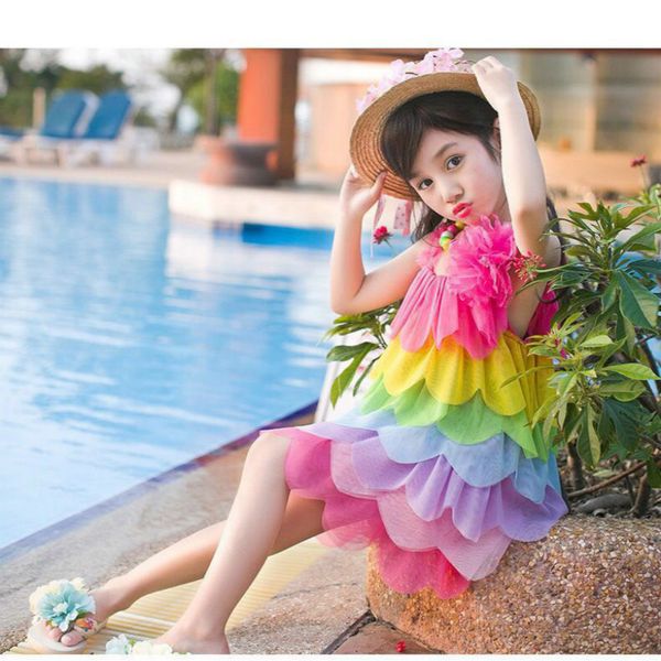 Verão meninas arco-íris vestido sundress crianças vestidos de sling para menina adolescente festa princesa vestido carnival traje vestuário de praia 210303