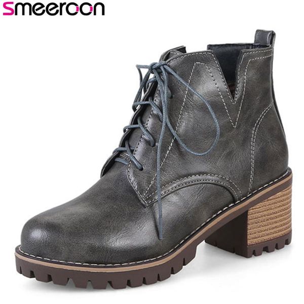 

boots smeeroon autumn winter lace up platform shoes round toe ankle for women high heels big size 33-43, Black