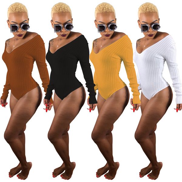 

off shoulder ribbed knitted bodysuit women black v neck autumn slim rompers womens jumpsuit winter basic bodysuits 2020 new, White