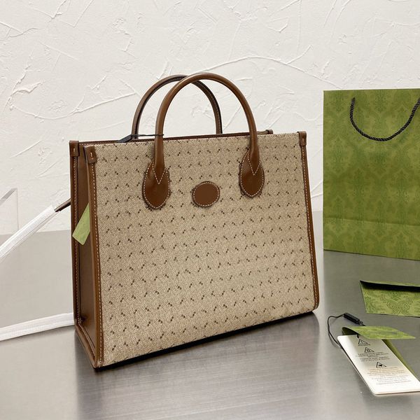 

shopping bag large capacity package tote bags classic printing hardware removable shoulder strap interior zipper canvas brown leather handba