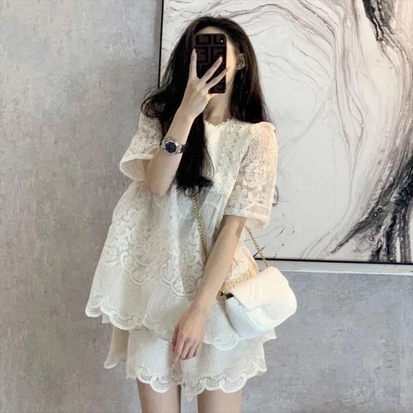 

summer lace suits vintage chic women tracksuits short sleeve loose shirts high waist wide leg pants 2 piece sets female, Gray