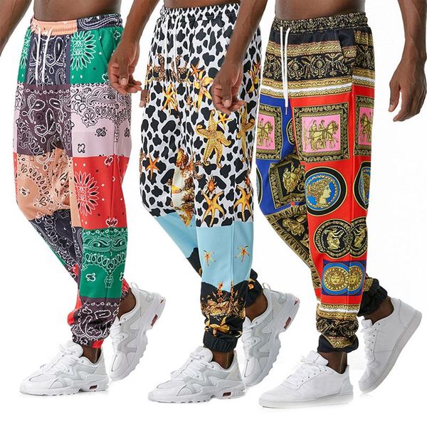 

men's pants men vintage print slacks, adults loose mid-rise drawstring sports with pockets, Black