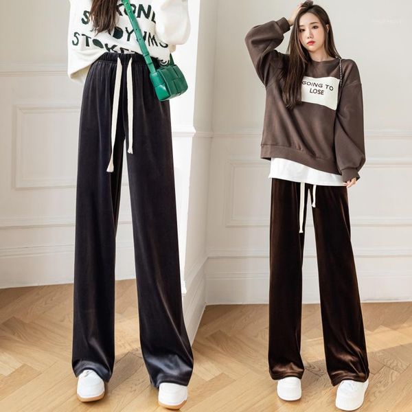 

women's pants & capris pleuche soft comfortable wide leg 2021 autumn winter korean velvet high-waist drawstring casual solid trousers w, Black;white