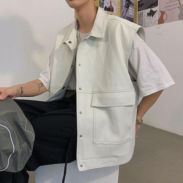 

men's vests korean leather vest fashion casual pocket motorcycle jacket men streetwear loose hip-hop coat mens m-xl, Black;white