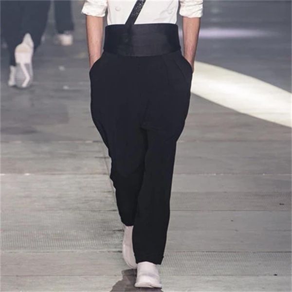 

men's pants casual loose spring fashion show solid color youth belt nine leg harlan, Black