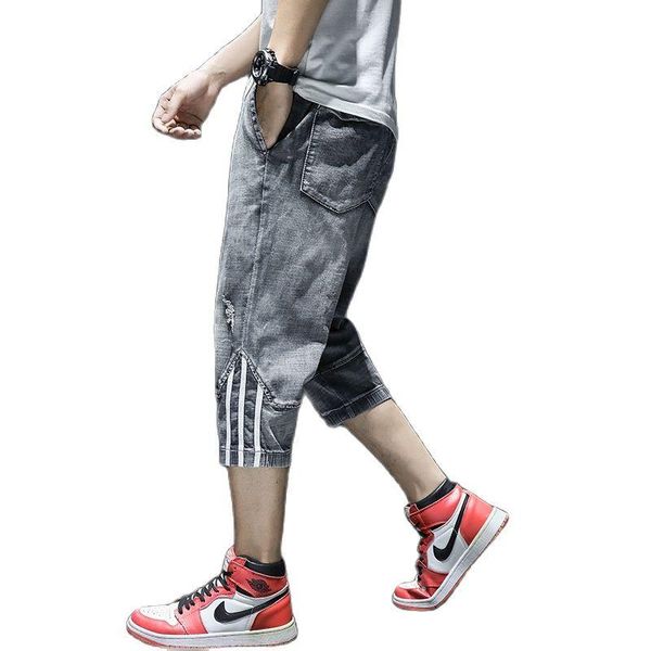 

men's jeans korean fashion men 2021 denim shorts ripped vintage hole striped loose straight summer casual harem brand thin, Blue