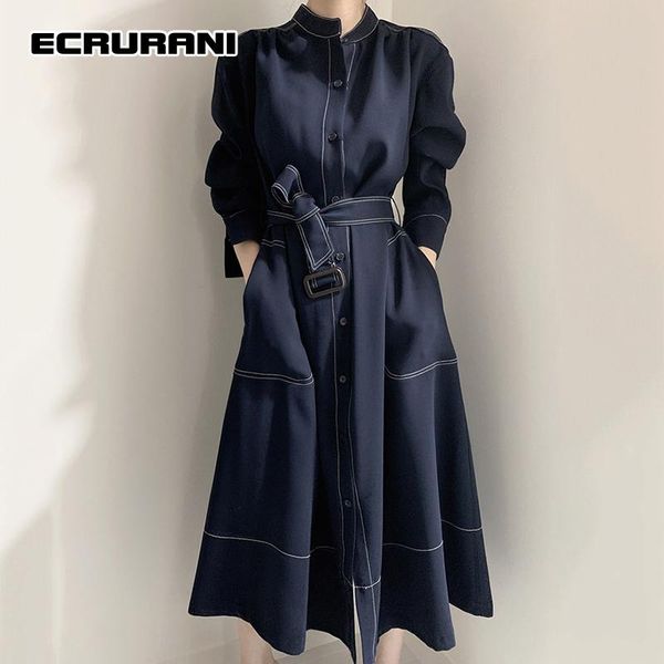 

casual dresses ecrurani lace up patchwork elegant dress for female stand collar long sleeve high waist solid midi females 2021 clothing, Black;gray