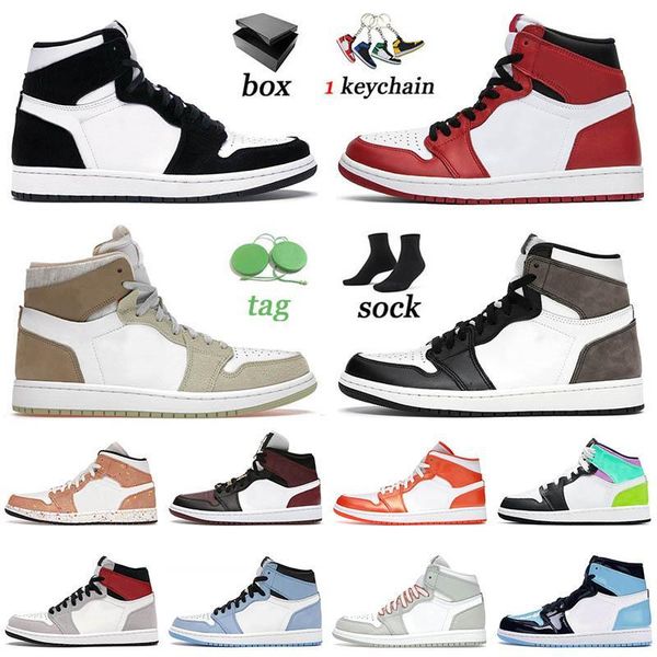 

with box 2022 authentic jumpman 1 1s basketball shoes olive aura high dark mocha twist chicago unc seafoam university blue mens women traine, Black