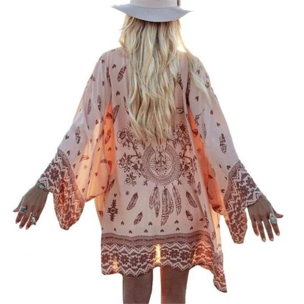 

women's jackets women boho printed chiffon loose shawl kimono cardigan three quarter cover up blouse beach outerwear abrigo mujer a8, Black;brown