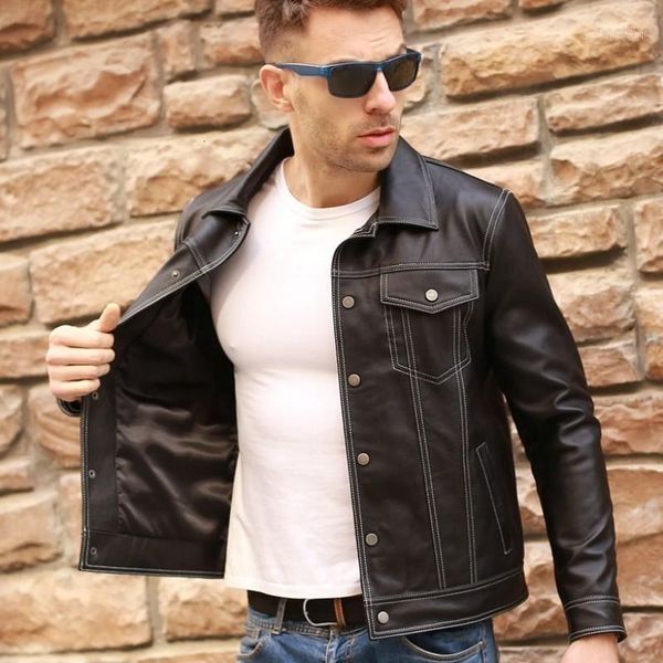 

men's leather & faux luxury sheepskin coat denim retro thin relaxed fashion motorcycle, Black