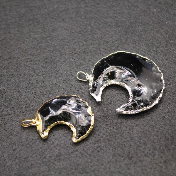 

pendant necklaces natural stone crystal long crescent moon rock raw black obsidian quartz suspension necklace jewelry for women, Silver