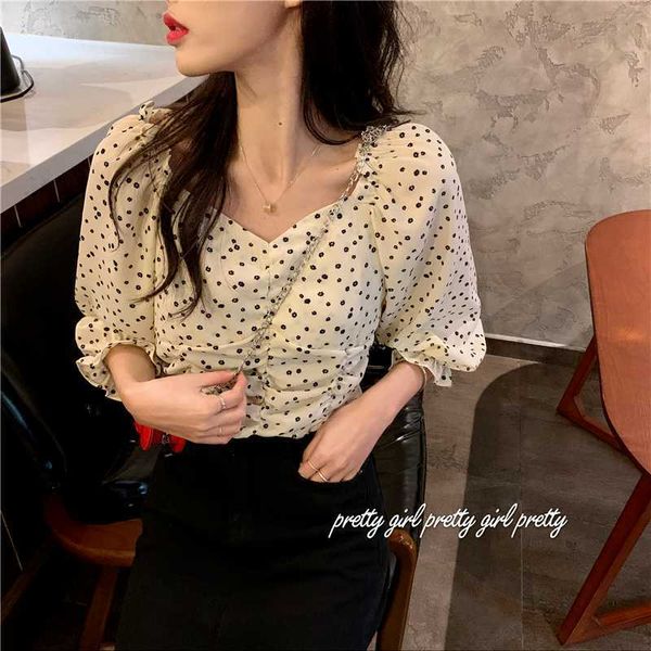 

summer korean design v-neck blouses for women folds silm wasit crop woman elegant kawaii all-match blusa mujer 210525, White