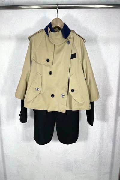 

layered 2022 autumn and winter suit collar design tooling jacket trench coat stitching fake two-piece slim-fit coat for women, Black