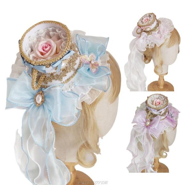 Berets Lolita Vintage Round Hat Hat Ruffled Lace Bow Pearl подвесной кусочек чайная вечеринка Bonnet Cap Clip Royal Anime Cosplay D10 21 Dropship