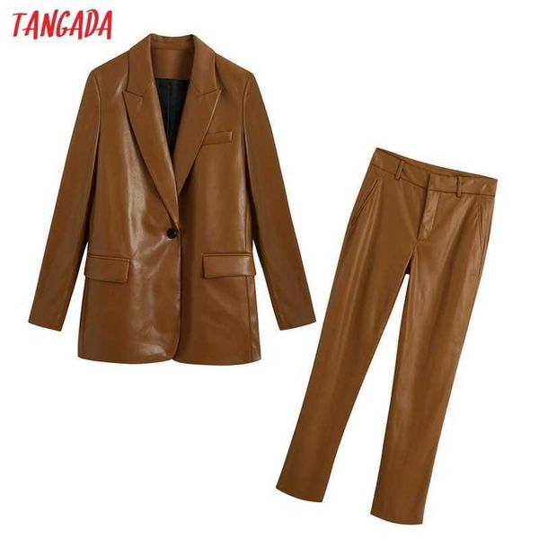 Tangada set da donna in ecopelle tinta unita blazer completo da 2 pezzi giacca da donna con colletto dentellato giacca da donna pantaloni Set BE125 210609