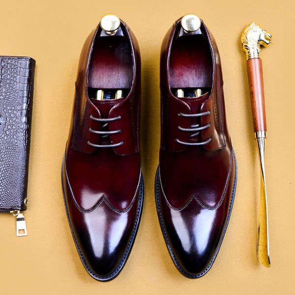 

genuine leather lace up pointed toe waxing process oxford dress wedding formal office shoes for men male zapatos de hombre a162, Black
