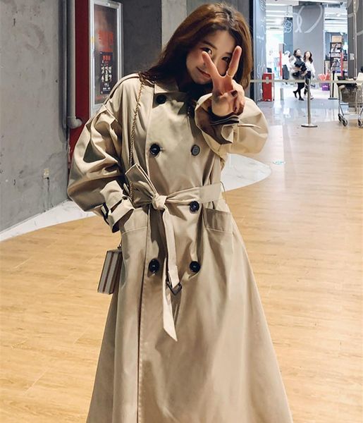 

women's trench coats 2021 spring and autumn khaki korean loose british style bf coat jacket windbreaker mid-length long outerwear pr055, Tan;black