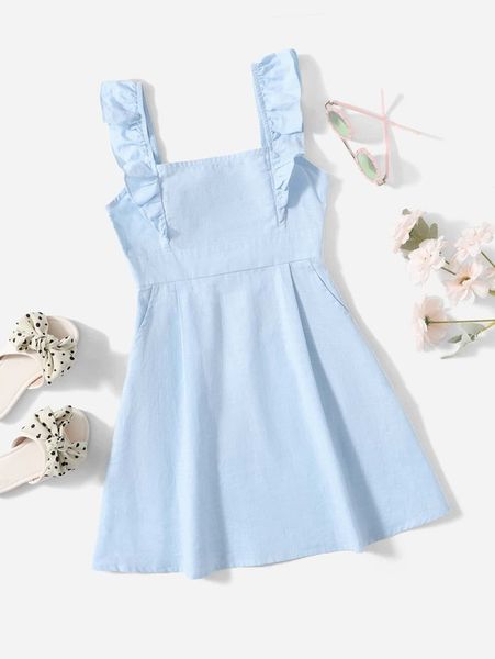 

girls solid ruffle trim dress she, Red;yellow