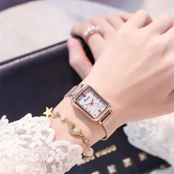 

wristwatches luxury rose gold mesh strap women fashion watches retro rectangle ladies quartz wristwatch qualities woman stainless steel watc, Slivery;brown