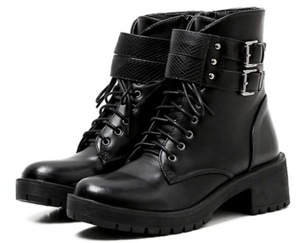 

boots sapato feminino women ankle chunky mid heels pumps shoes woman gladiator lace up pu leather booties chaussure ws181166, Black