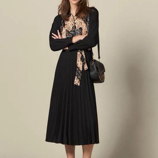 

casual dresses quality est high 2021 runway fashion dress women's long sleeve belted pleated, Black;gray