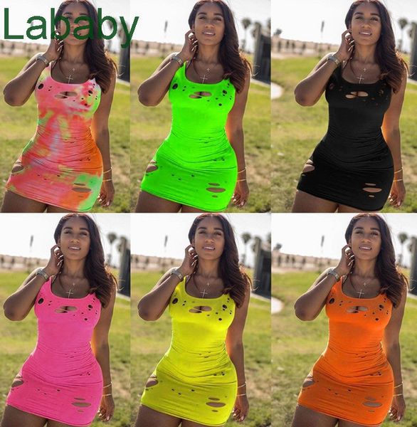 Mode Frauen Sommer Kleid Zerrissene Ärmellose Designer Mini Rock Einteiliges Kleid Loch Party Nachtclub Plus Größe Frauen Kleidung 2021