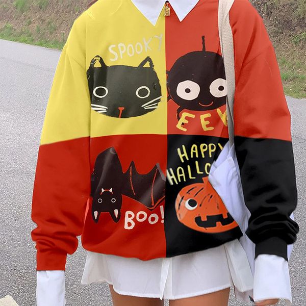 

2021 color block fun cartoon print vintage crewneck sweatshirt women teens girls loose casual plus size pullovers new design 8vm1, Black