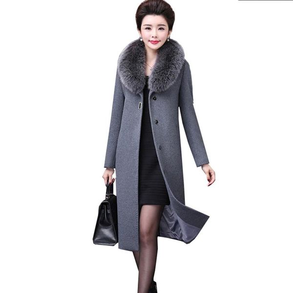 

women's wool & blends woolen coat women outerwear length autumn winter plus size mother overcoat female large fur collar cashmere trenc, Black