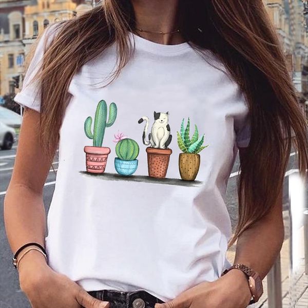

graphic plant cactus animal cartoon womens fashion spring summer aesthetic print female clothes tees t shirt, White